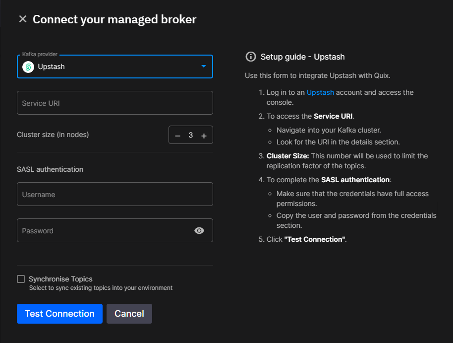 Quix Upstash Settings Quix Upstash Settings
